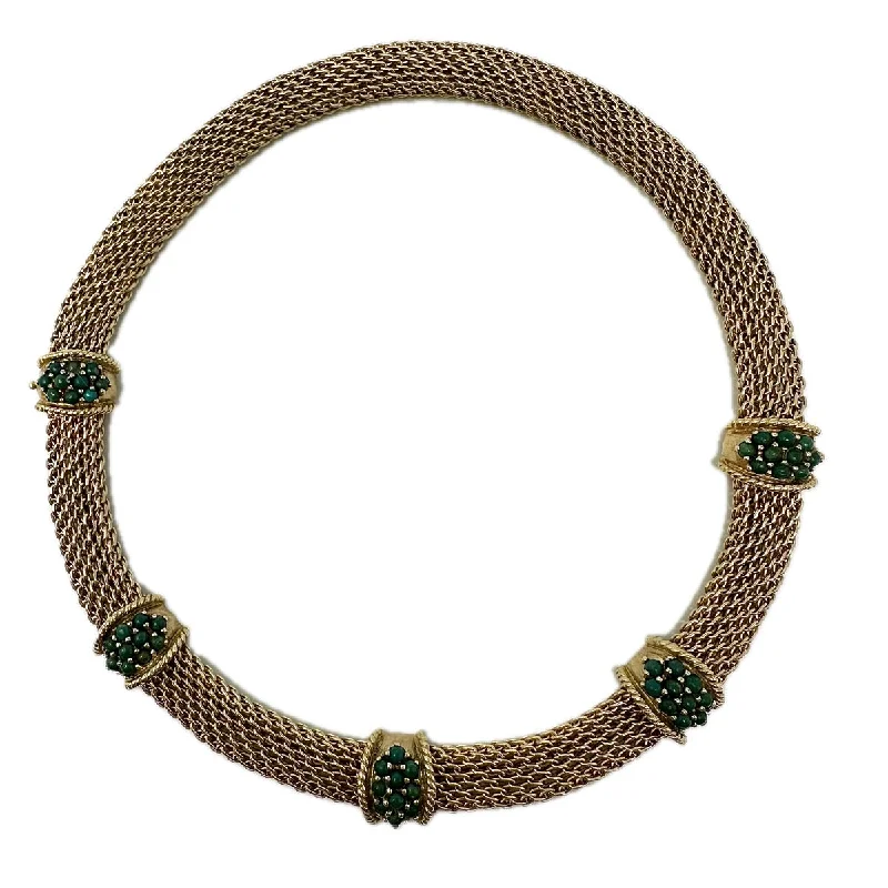 14K Gold Choker Necklace with 5 Green Turquoise Bead Stations