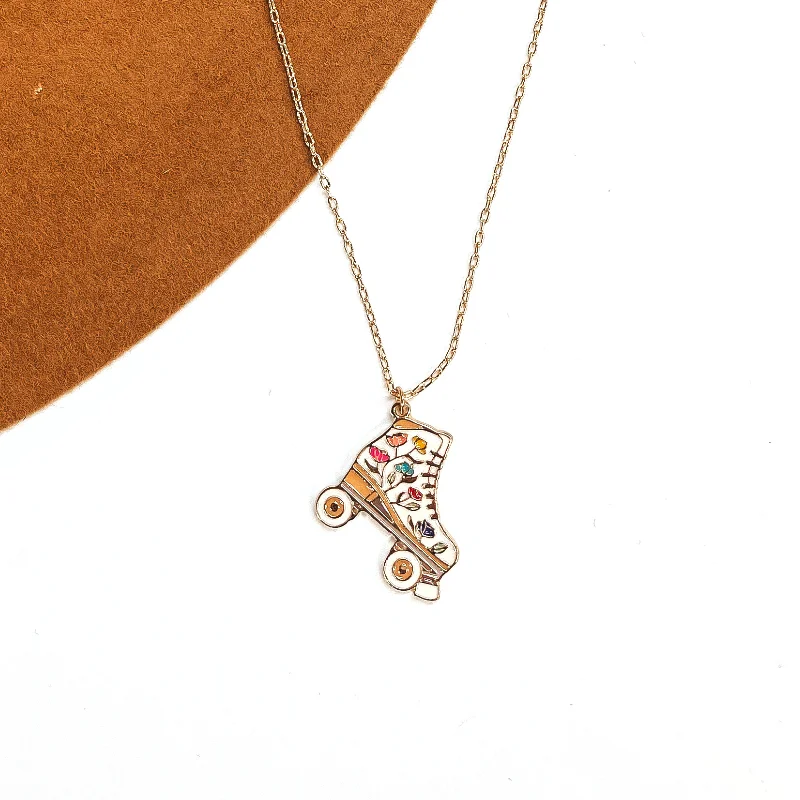 Rink Trips Gold Tone Necklace with Rollerskate Floral Pendant in White