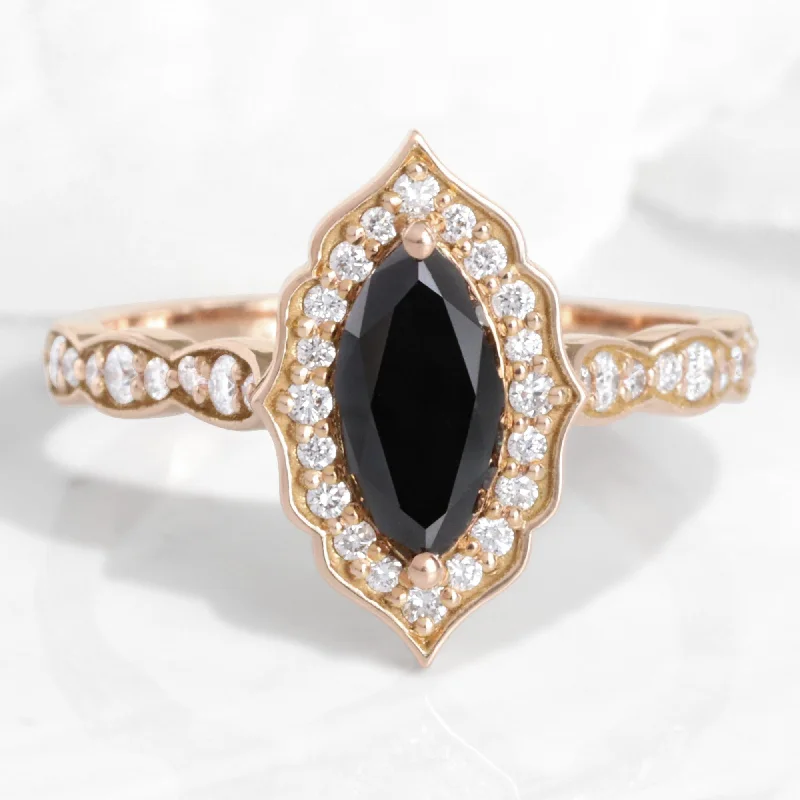 Marquise Black Diamond Ring in Vintage Floral Scalloped Band