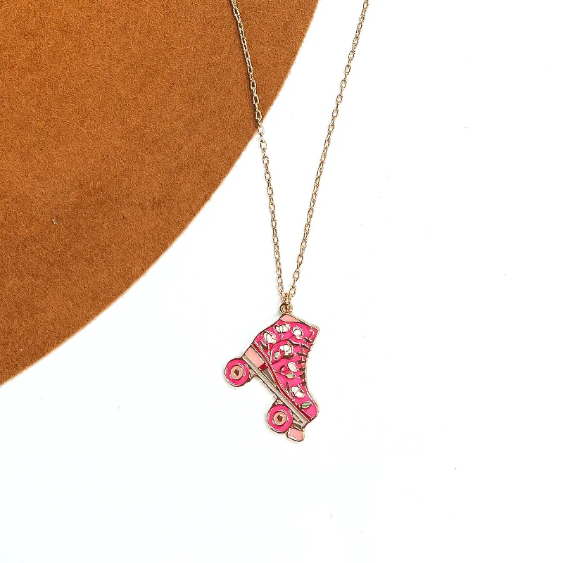 Rink Trips Gold Tone Necklace with Rollerskate Floral Pendant in Pink