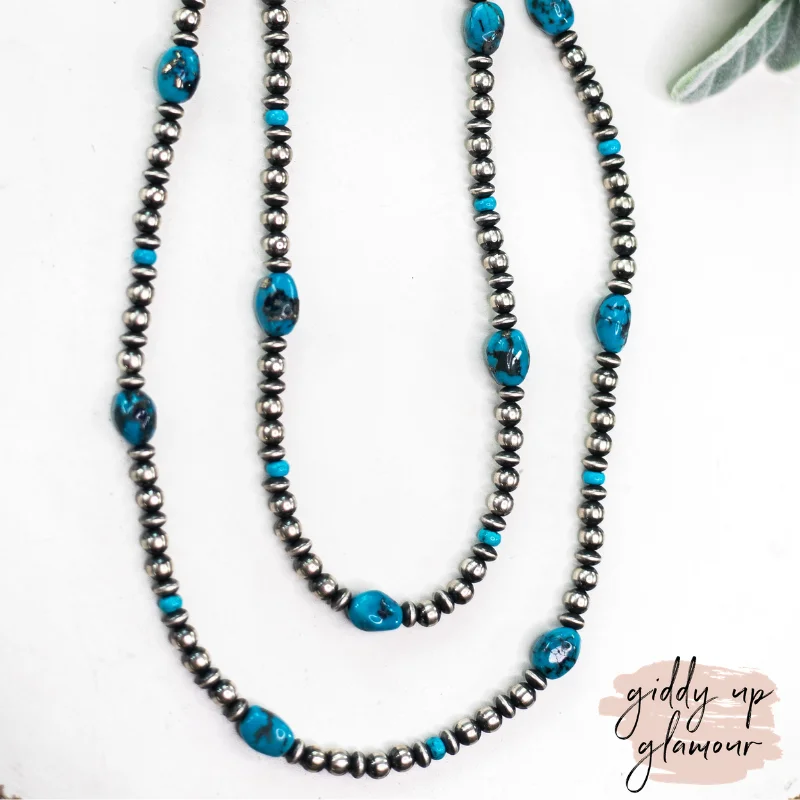 Navajo | Navajo Handmade Sterling Silver Navajo Pearl Necklace with Turquoise Stones | 60 inches