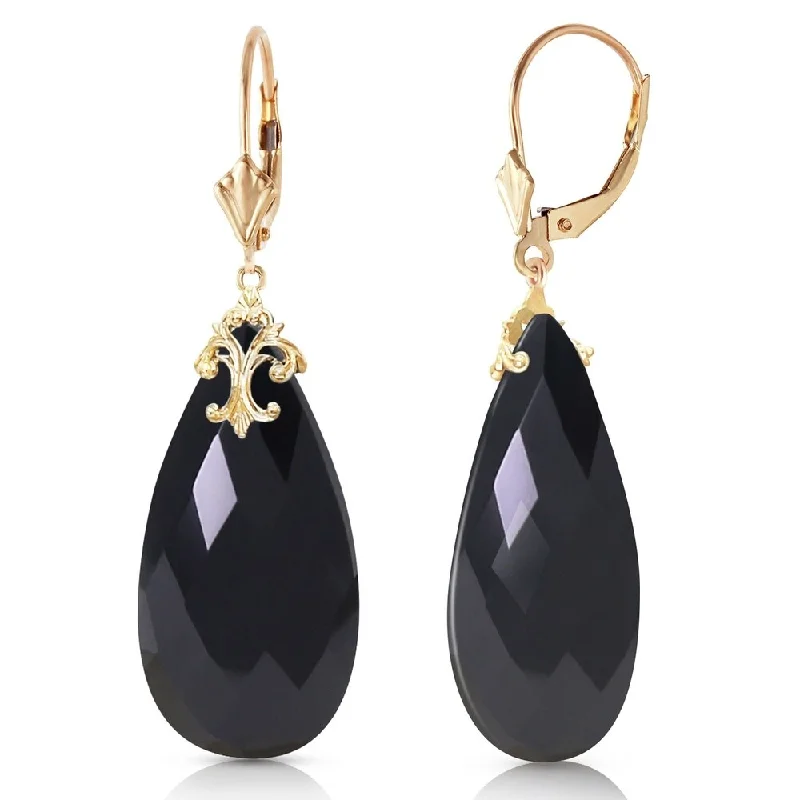 14K Solid Gold Leverback Earrings with Briolette 31x16 mm Black Onyx