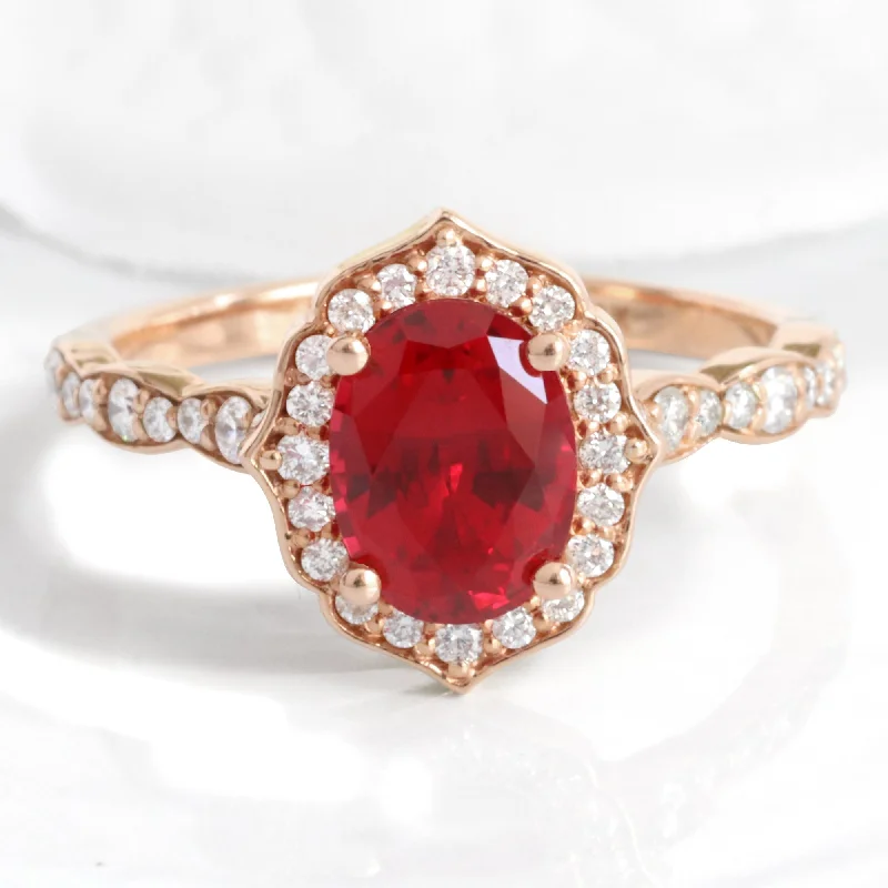 Oval Ruby Diamond Ring in Vintage Floral Scalloped Band