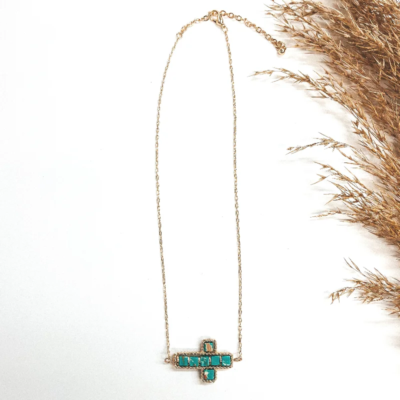 Gold Chain Necklace with Semi-Precious Stone Cross Pendant in Turquoise