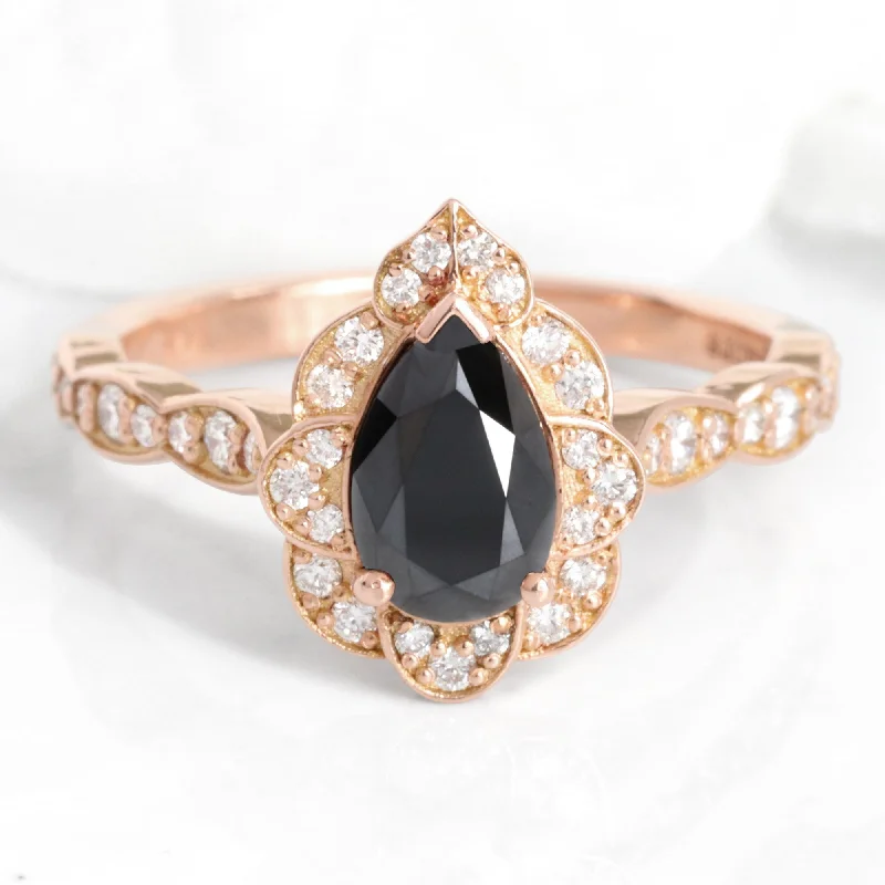 Pear Black Diamond Engagement Ring in Vintage Floral Scalloped Band