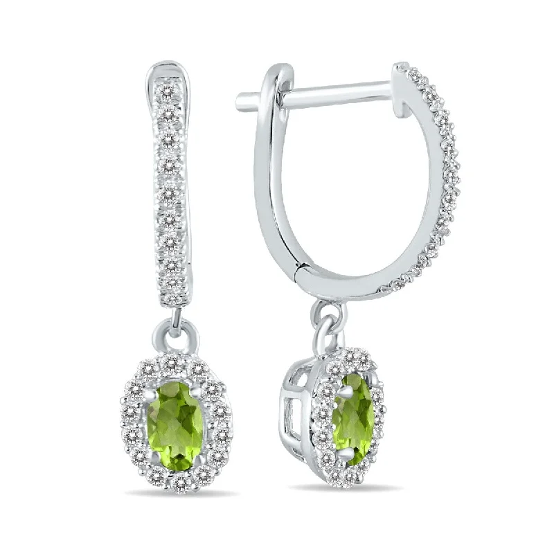 Marquee 1/2 Carat Oval Peridot and Diamond Halo Dangle Earrings in 10K White Gold