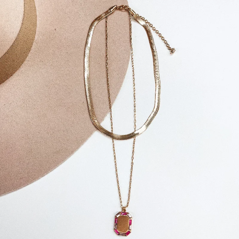 Made For Royalty Herringbone Chain and Gold Tone Necklace with Rectangular Pendant in Pink