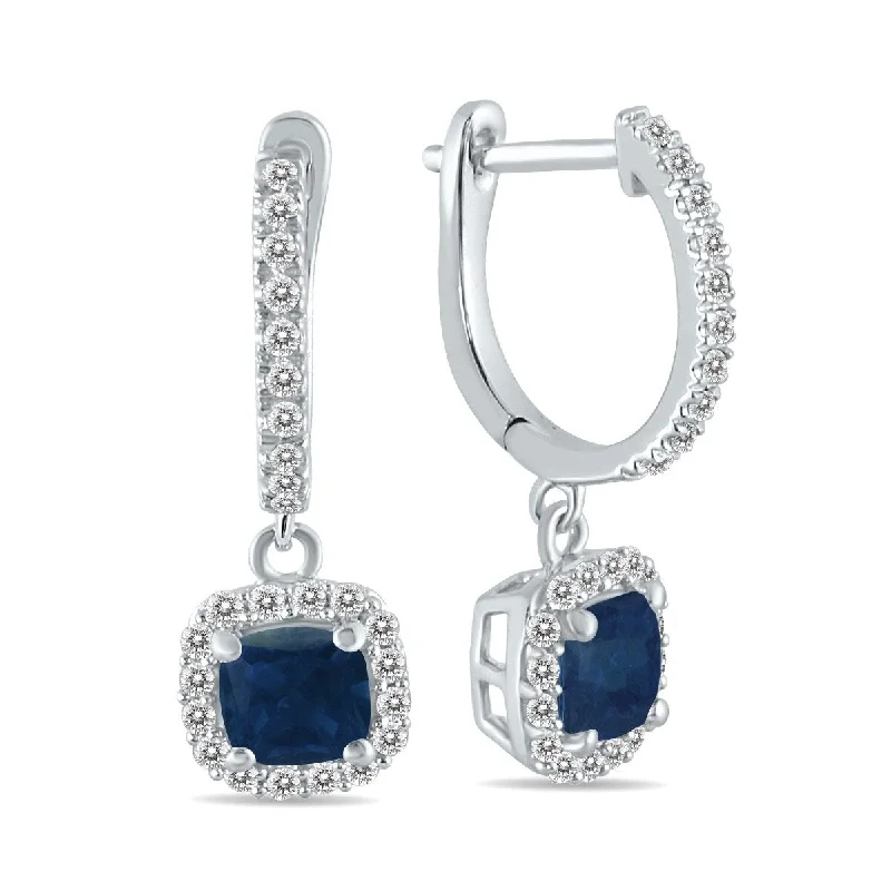 Marquee 1 Carat Sapphire and Diamond Halo Dangle Earrings in 10K White Gold