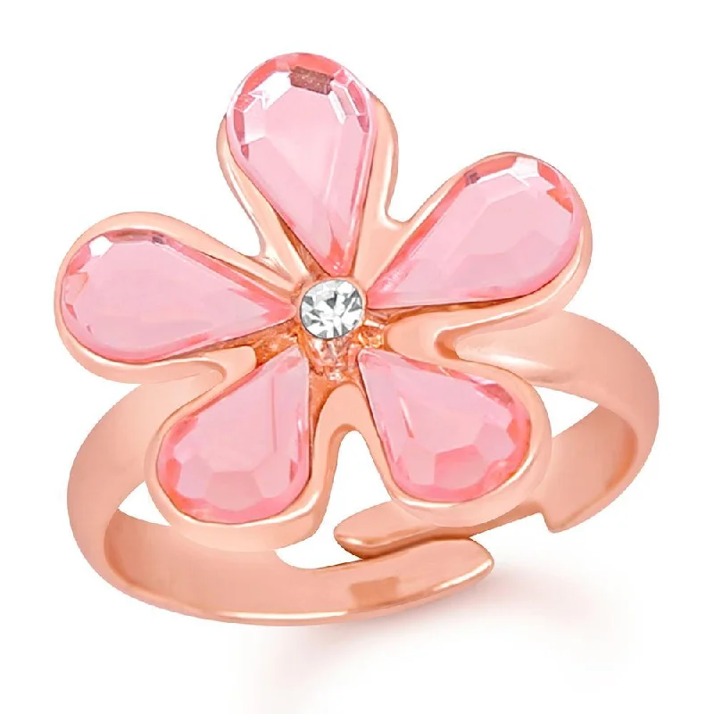 Mahi Rose Gold Plated Beautiful Floral Love Finger Ring With Crystal