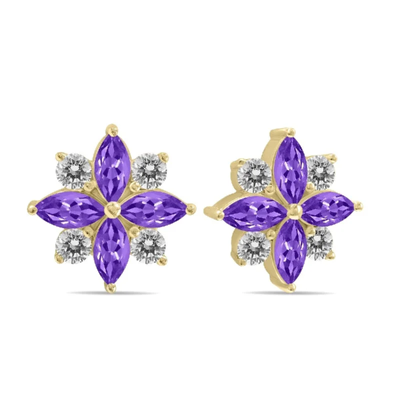 Marquee 1 Carat TW Amethyst and Diamond Flower Earrings in 10K Yellow Gold