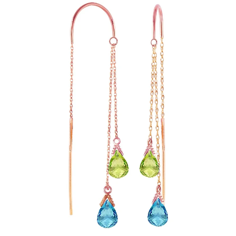 14K Solid Gold Threaded Dangle Earrings w/ Blue Topaz & Peridots