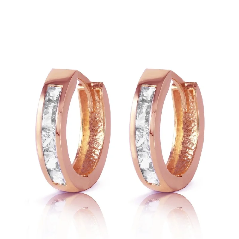 1.2 Carat 14K Solid Rose Gold Hoop Huggie Earrings White Topaz