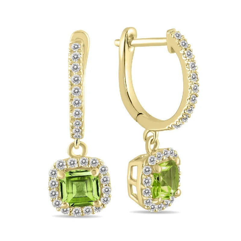 Marquee 1 Carat Peridot and Diamond Halo Dangle Earrings in 10K Yellow Gold