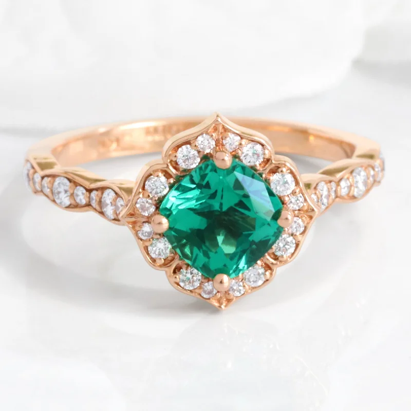 Emerald Diamond Engagement Ring in Mini Vintage Floral Scalloped Band