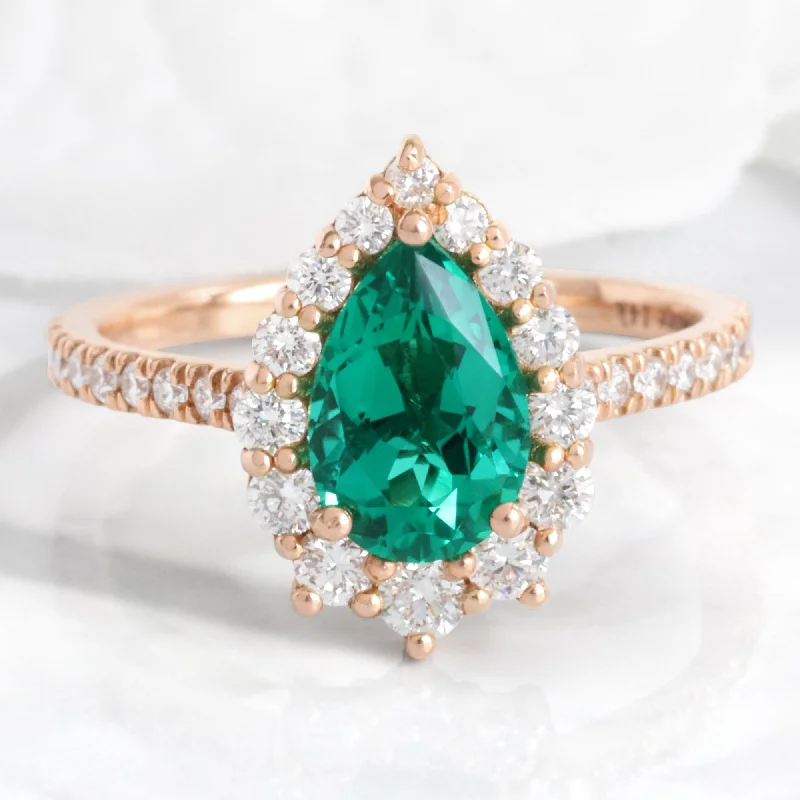 Large Pear Emerald Engagement Ring in Tiara Halo Diamond Pave Band