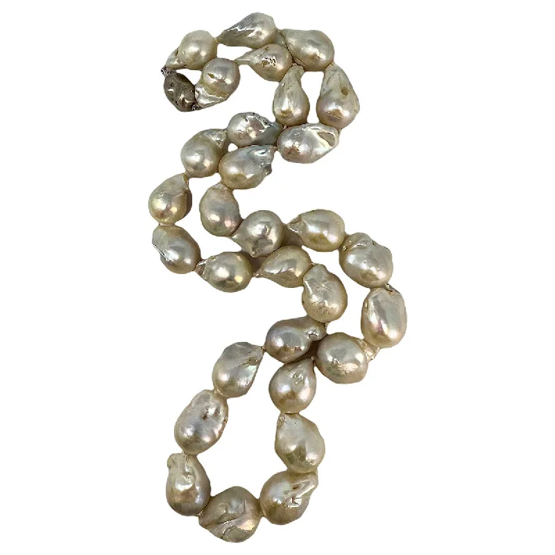 30" Knotted Baroque Pearl Necklace with Diamonds on Clasp