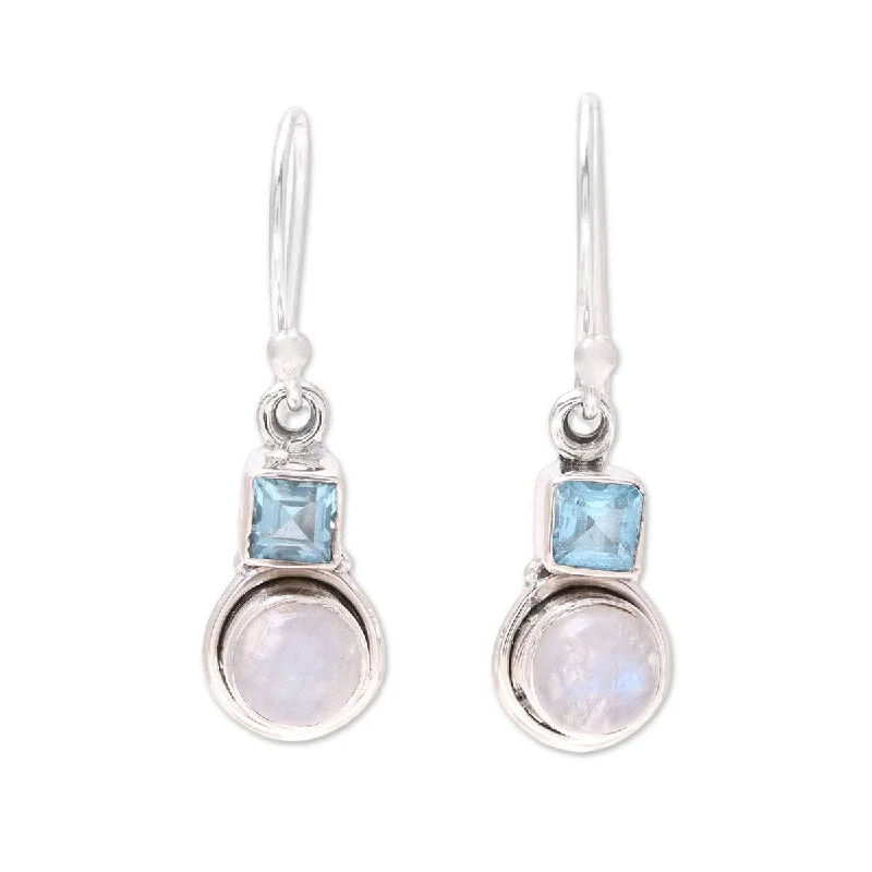 NOVICA Sky Glimmer, Blue topaz and rainbow moonstone dangle earrings - 1.1*0.3