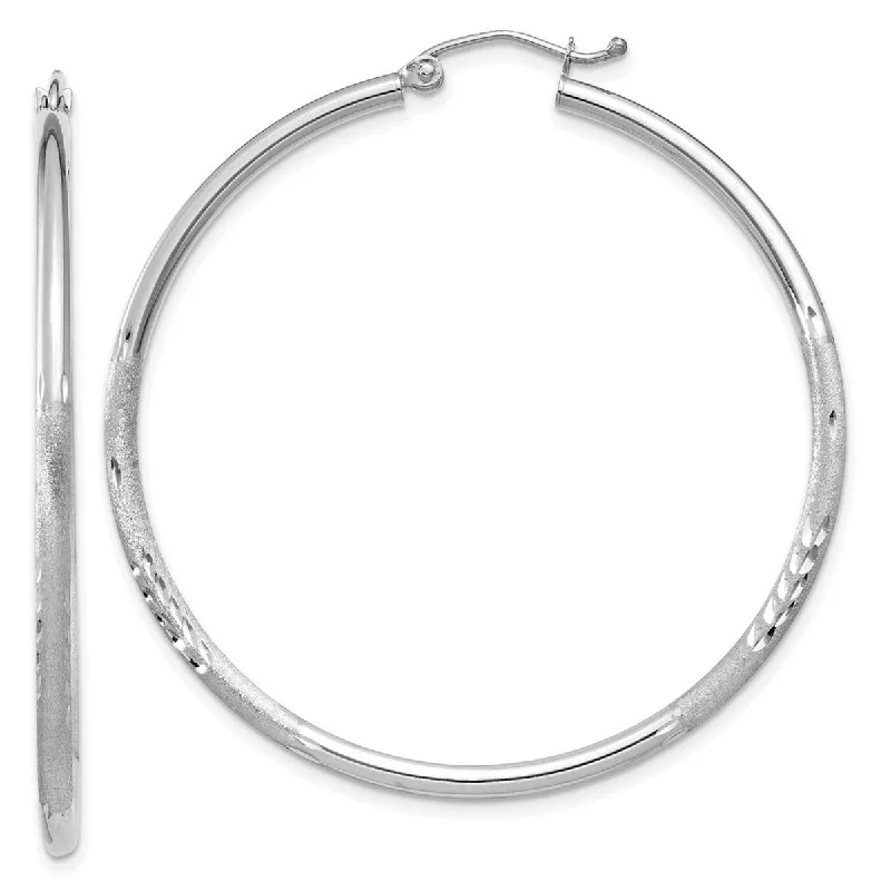 Curata 14k White Gold Satin and Sparkle Cut 42x2mm Round Hoop Earrings