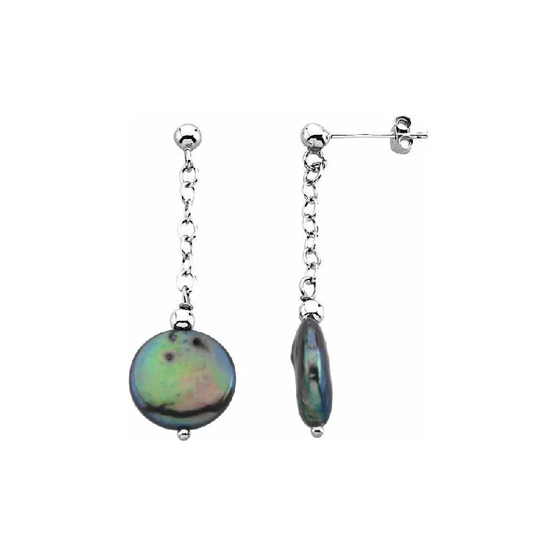 925 Sterling Silver Freshwater Cultured Black Coin Pearl Earrings for Women