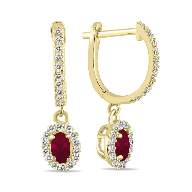 Marquee 1/2 Carat Oval Ruby and Diamond Halo Dangle Earrings in 10K Yellow Gold