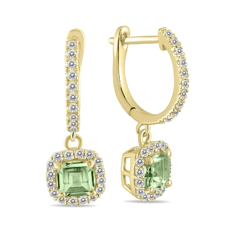 Marquee 1 Carat Green Amethyst and Diamond Halo Dangle Earrings in 10K Yellow Gold