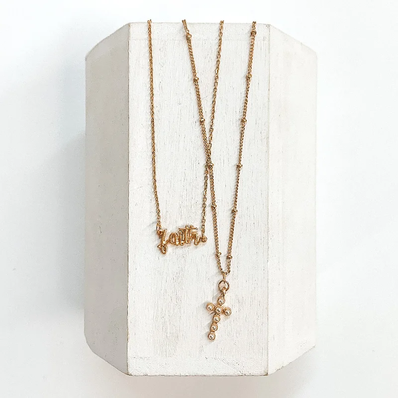 Double Layered Necklace with Faith and Pearl Cross Pendant in Gold