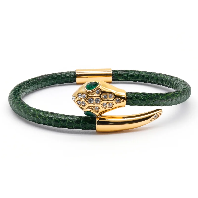 Snake Head Bracelet - Green Leather with Zircon