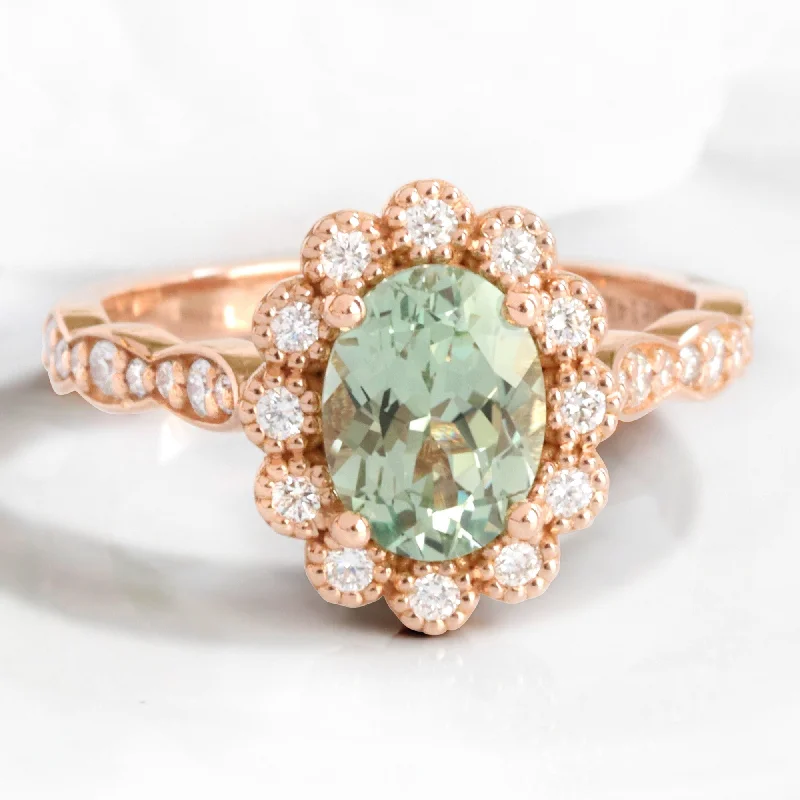 Oval Seafoam Green Sapphire Ring in Vintage Luna Halo Diamond Ring