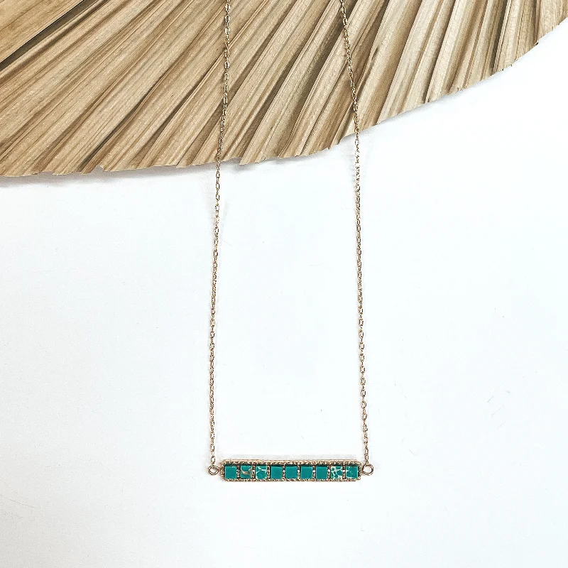 Gold Chain Necklace with Semi-Precious Stone Horizontal Bar Pendant in Turquoise