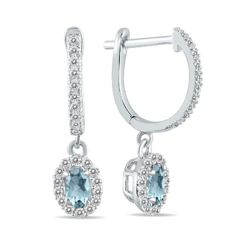 Marquee 1/2 Carat Oval Aquamarine and Diamond Halo Dangle Earrings in 10K White Gold