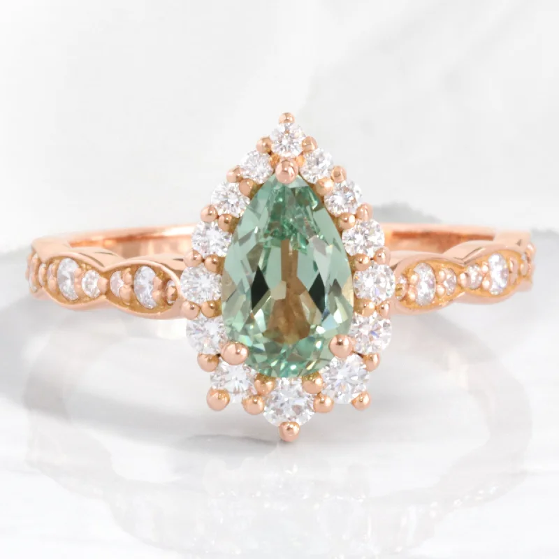 Pear Seafoam Green Sapphire Ring in Tiara Halo Diamond Scalloped Band