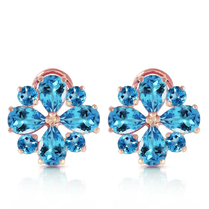 4.85 CTW 14K Solid Rose Gold Flower Blue Topaz Clip Earrings