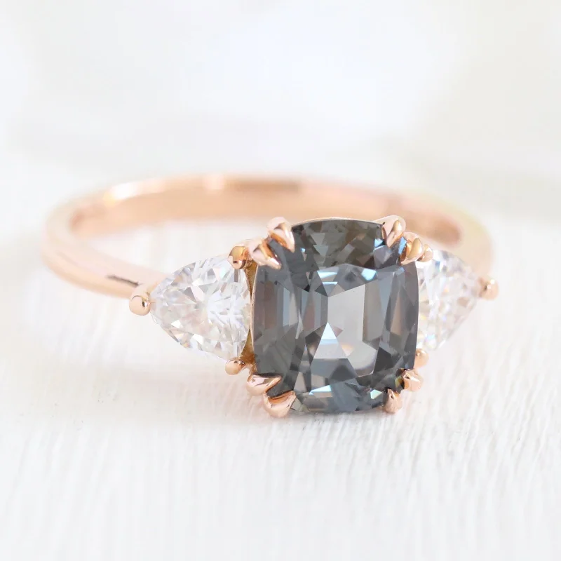 Large Grey Spinel Engagement Ring in 14k Rose Gold 3 Stone Ring, Size 6.25