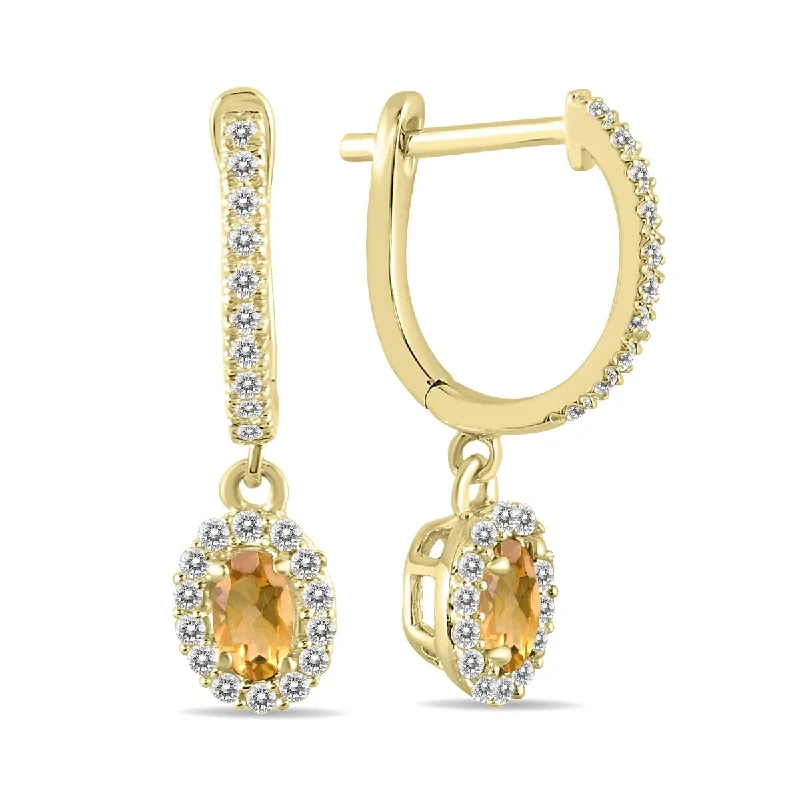 Marquee 1/2 Carat Oval Citrine and Diamond Halo Dangle Earrings in 10K Yellow Gold