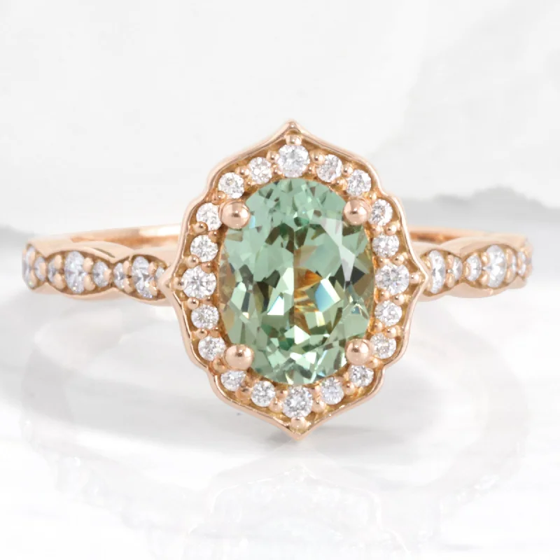 Oval Green Sapphire Ring in Vintage Floral Diamond Band