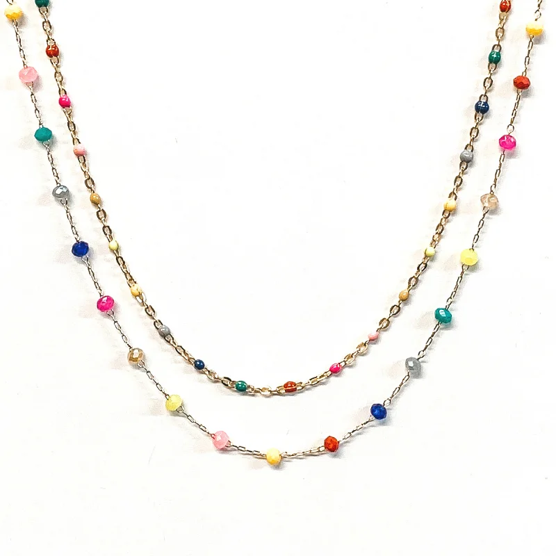 Two Strand Gold Chain Necklace with Bead Spacers in Multi