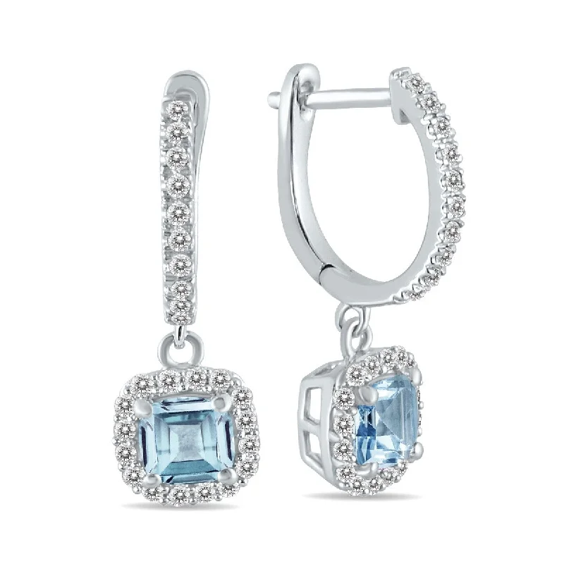 Marquee 1 Carat Aquamarine and Diamond Halo Dangle Earrings in 10K White Gold