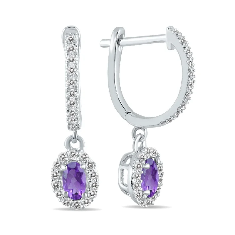 Marquee 1/2 Carat Oval Amethyst and Diamond Halo Dangle Earrings in 10K White Gold