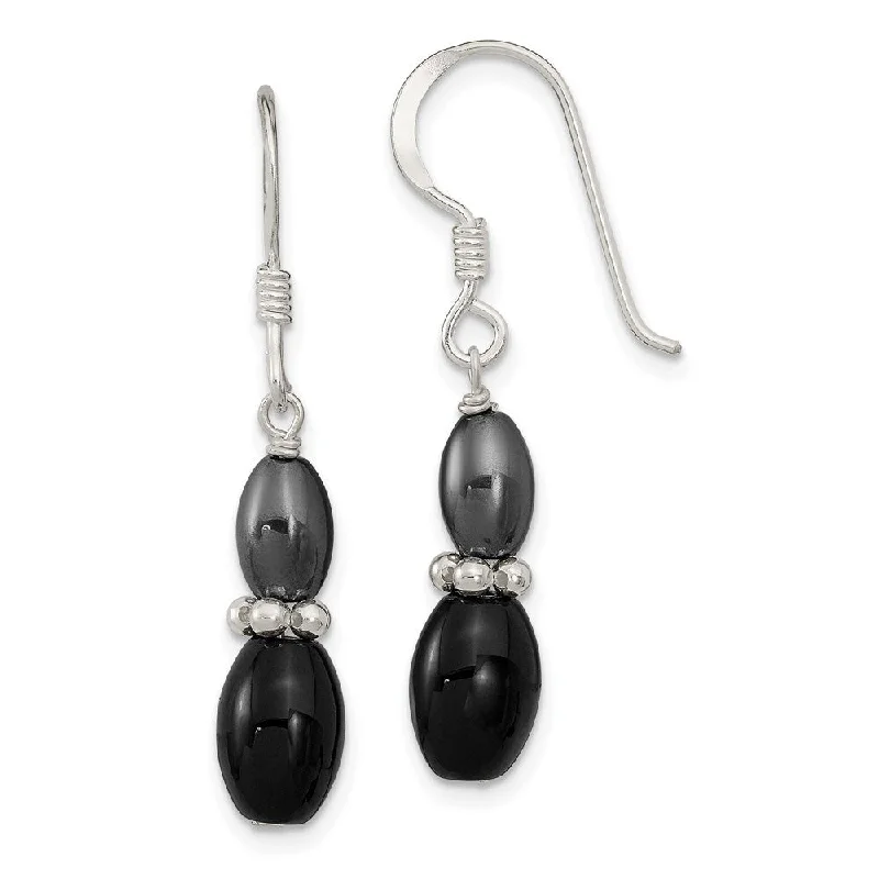 925 Sterling Silver Black Agate and Hematite Dangle Earrings (L-38 mm, W-6.5 mm)