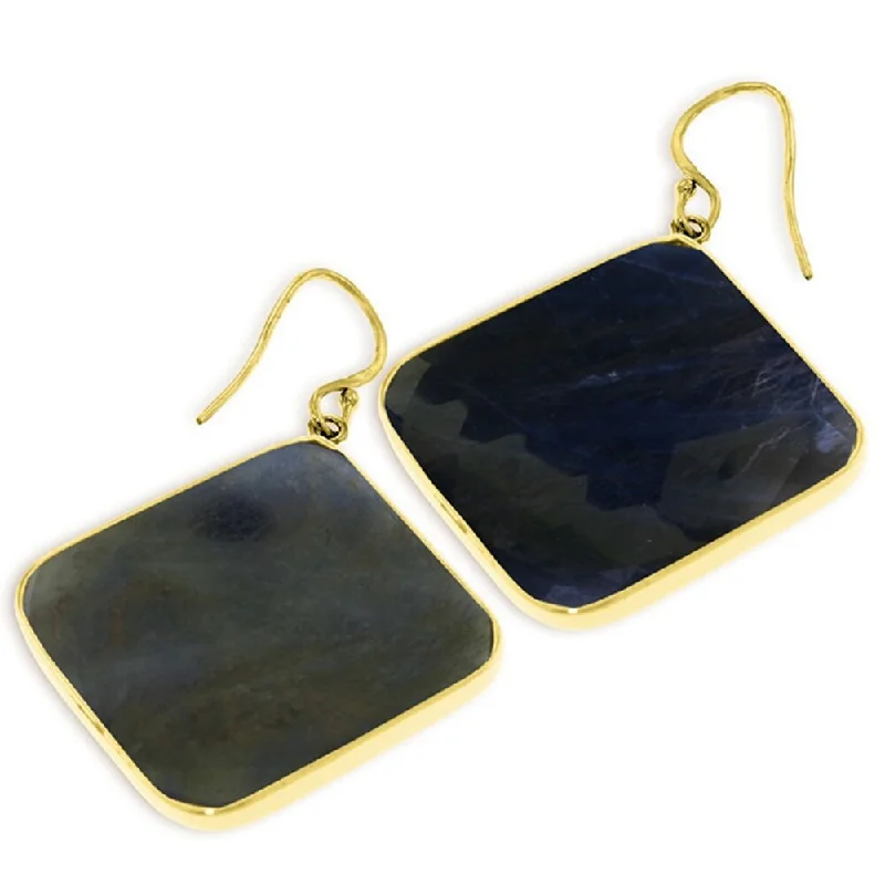 14K Solid Gold Fish Hook Earrings with Checkerboard Cut Sapphires