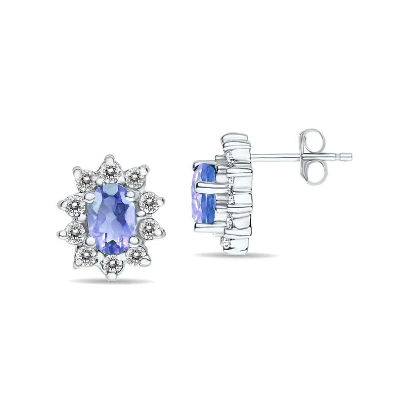 Marquee Oval Shape Tanzanite and Diamond Flower Earrings in 14K White Gold