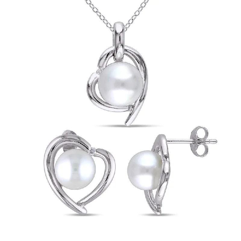 Miadora Sterling Silver Cultured Pearl Diamond Accent Heart Halo Stud Earrings and Necklace Set (8-9mm) (G-H, I2-I3) - White