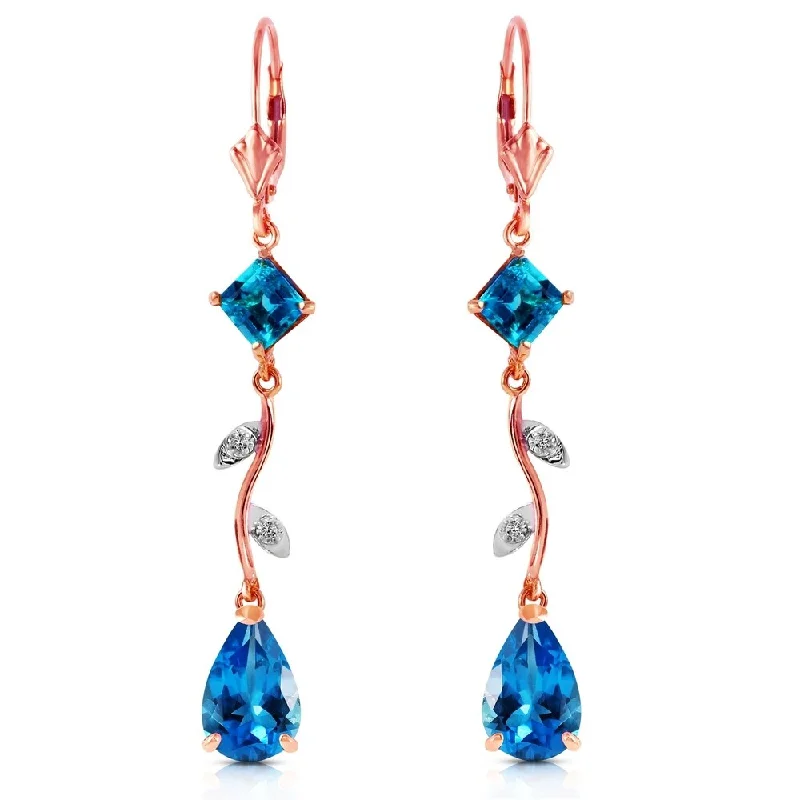 3.97 Carat 14K Solid Rose Gold Chandelier Earrings Natural Diamond Blue Topaz