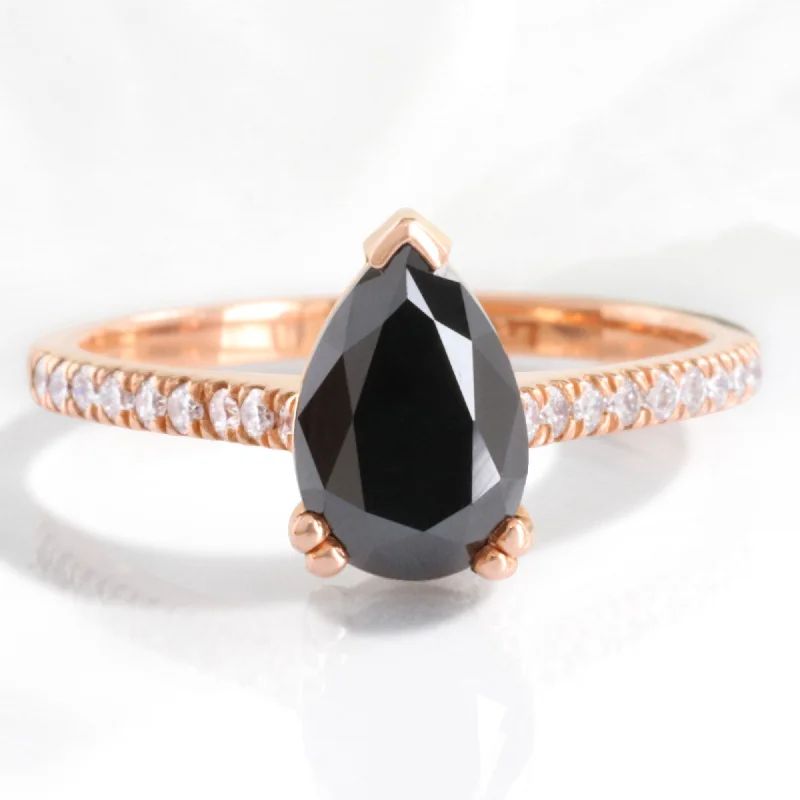 Pear Black Diamond Engagement Ring in Grace Solitaire Pave Band