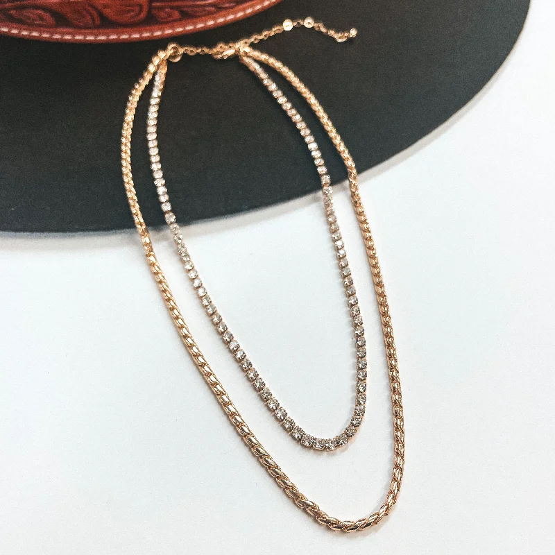 Double Layered Braid Chain Necklace with Rhinestones in Gold