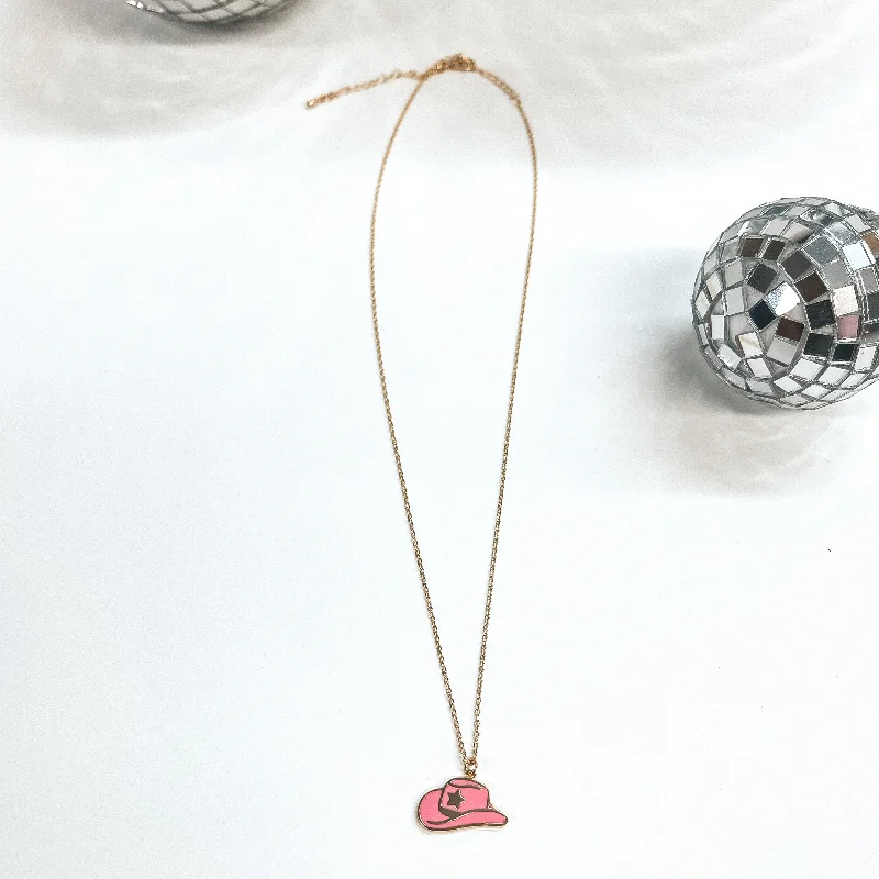 Take Me to Nashville Gold Necklace with Hat Pendant in Pink