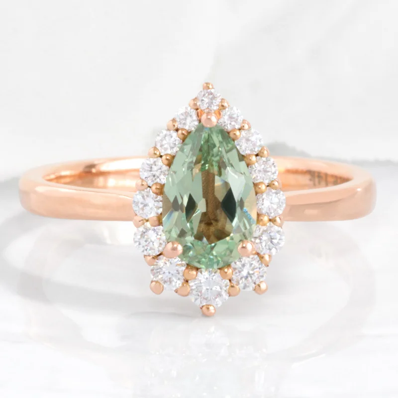 Pear Seafoam Green Sapphire Ring in Tiara Halo Diamond Tapered Band