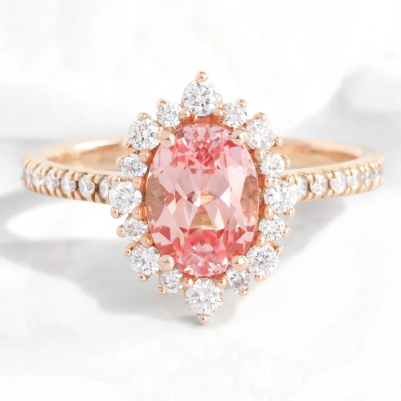 Oval Champagne Peach Sapphire Ring in Tiara Halo Diamond Pave Band