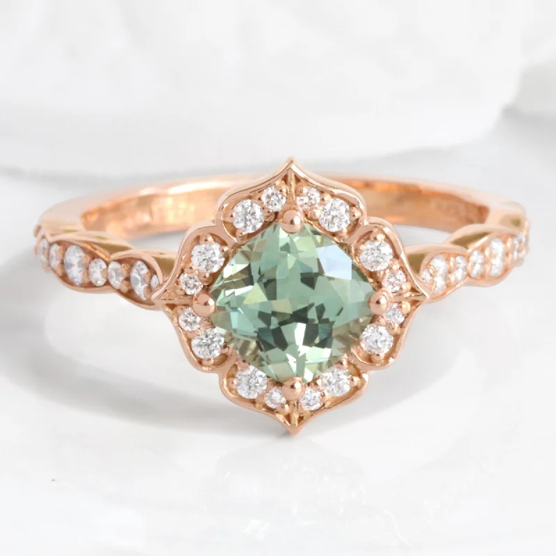 Green Sapphire and Diamond Ring in Mini Vintage Floral Scalloped Band