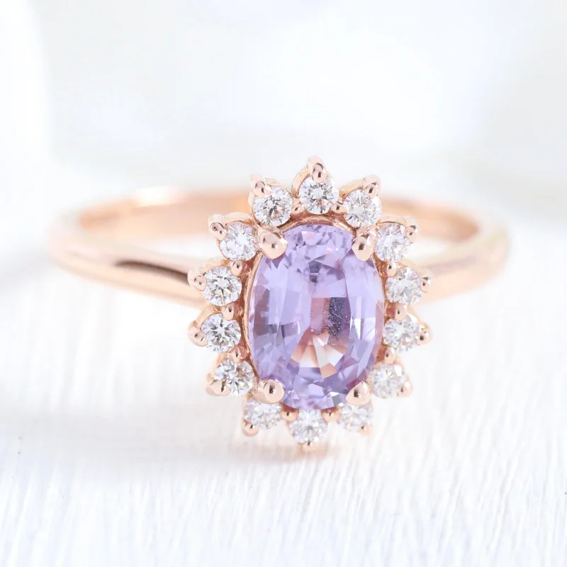 1.52 Ct Oval Sapphire Engagement Ring in 14k Rose Gold Diana Halo Diamond , Size 6.25